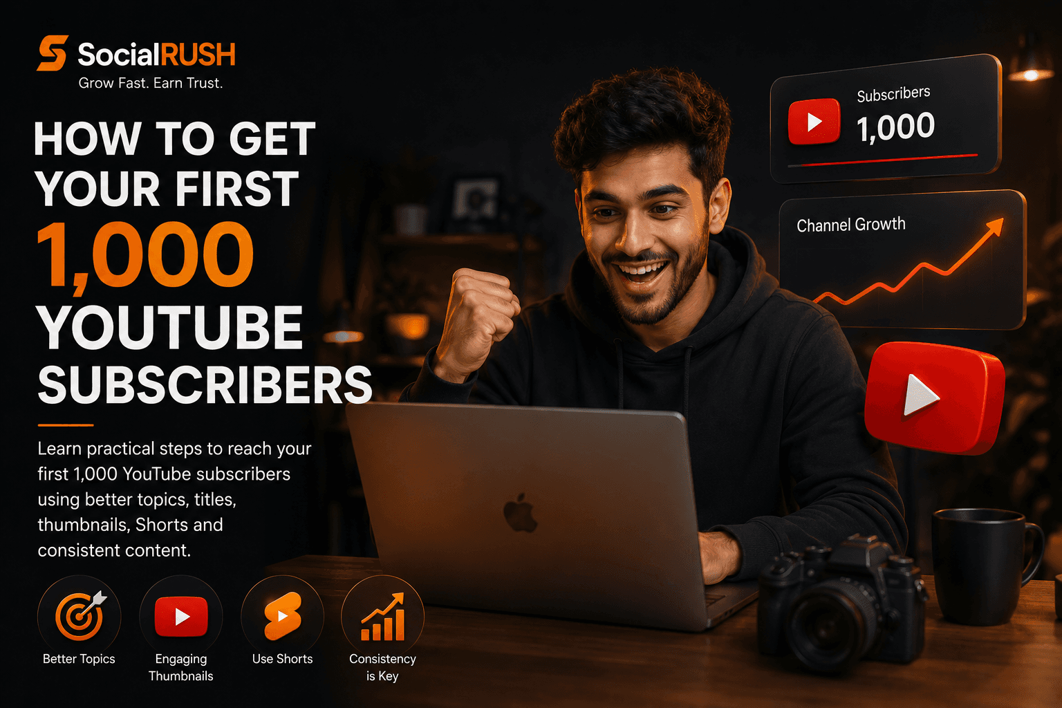 YouTube channel growth dashboard for reaching the first 1000 subscribers