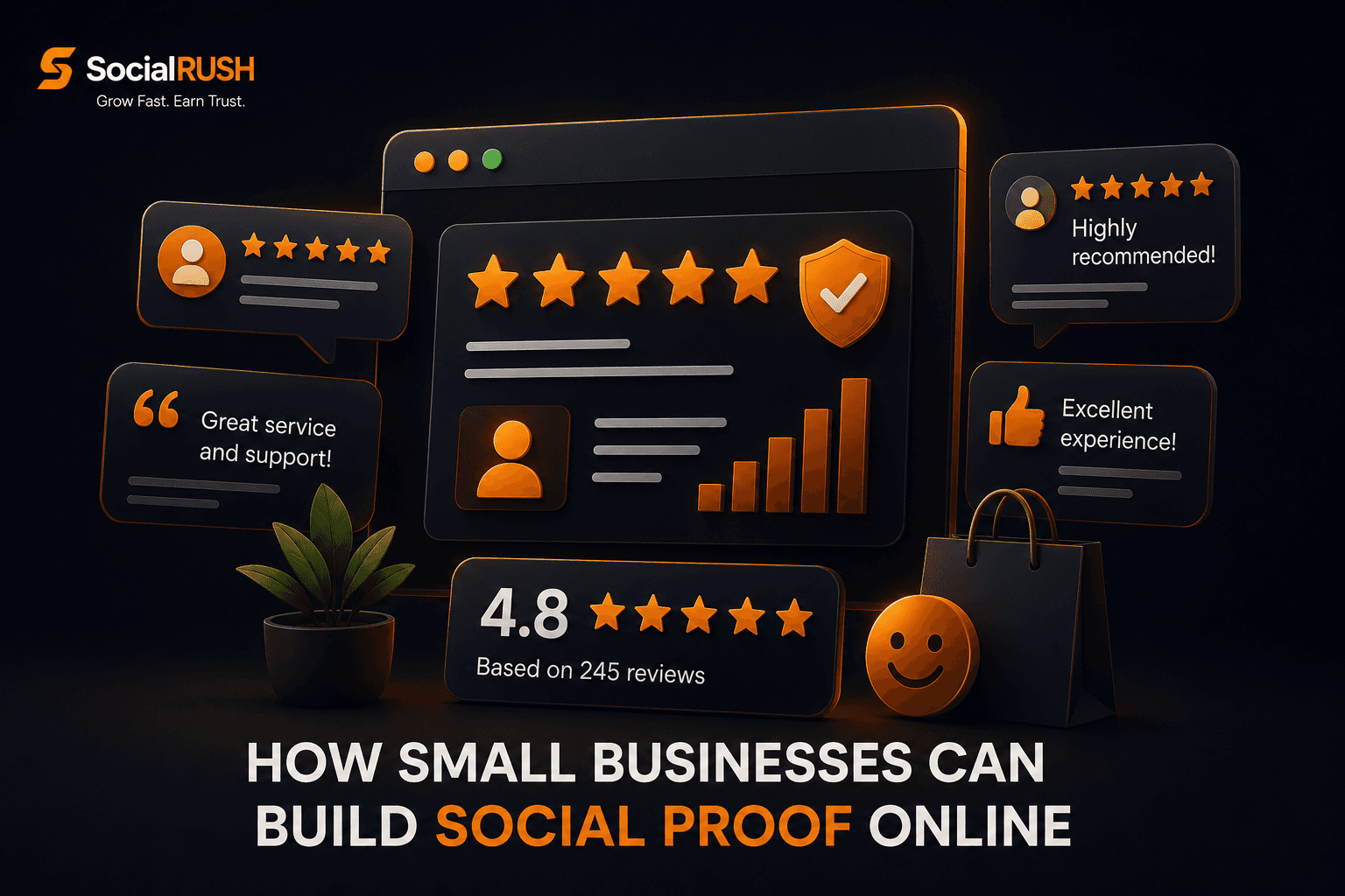 Small business building online trust with customer reviews, testimonials and social proof