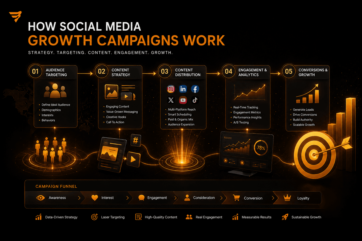Social media growth campaign workflow showing targeting, content, analytics and conversions