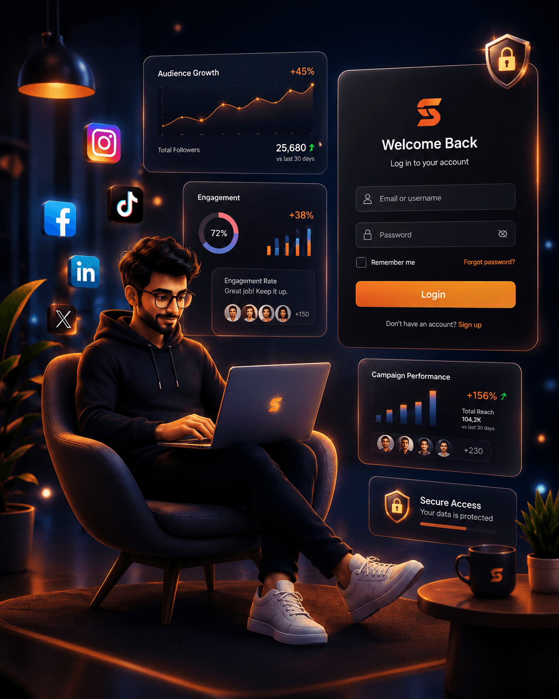 SocialRUSH secure login dashboard with social media growth analytics